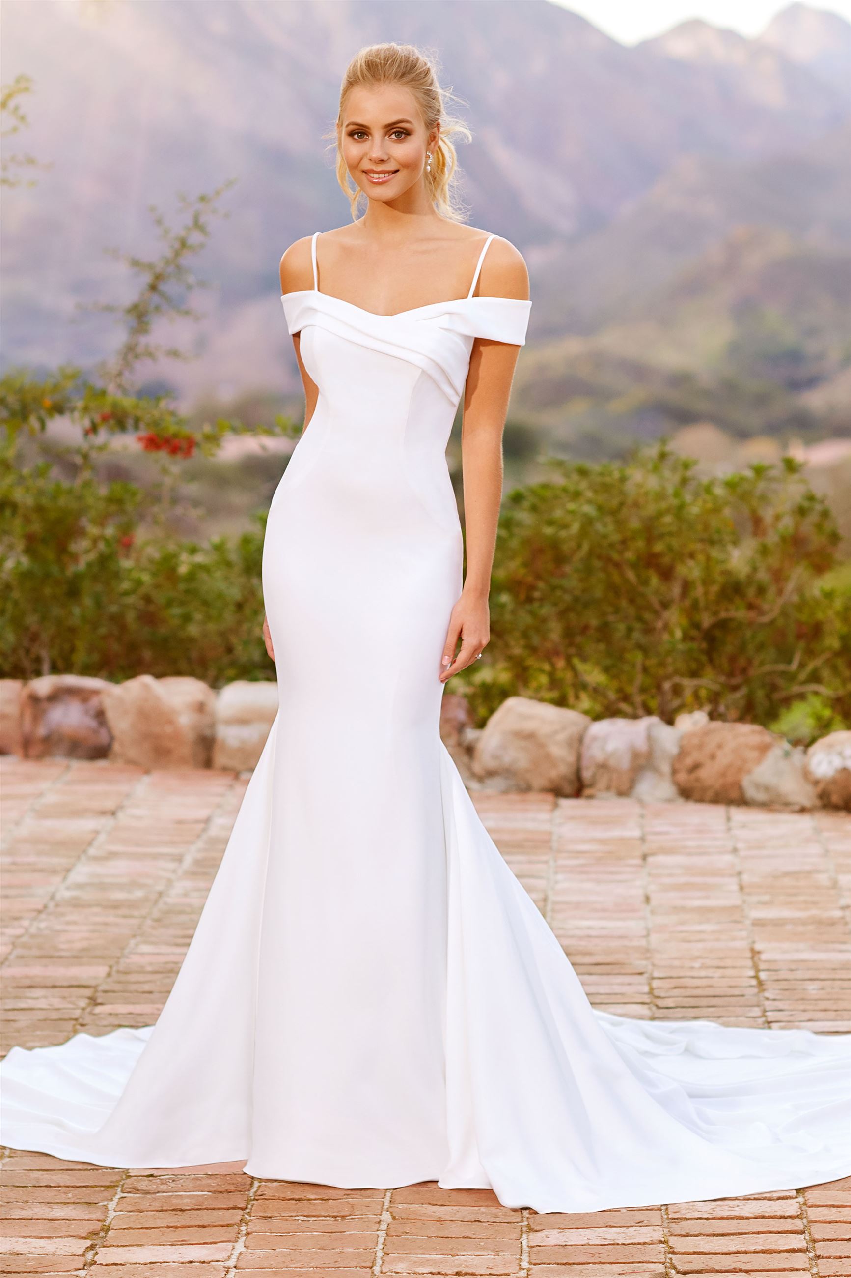 off shoulder fitted wedding dress